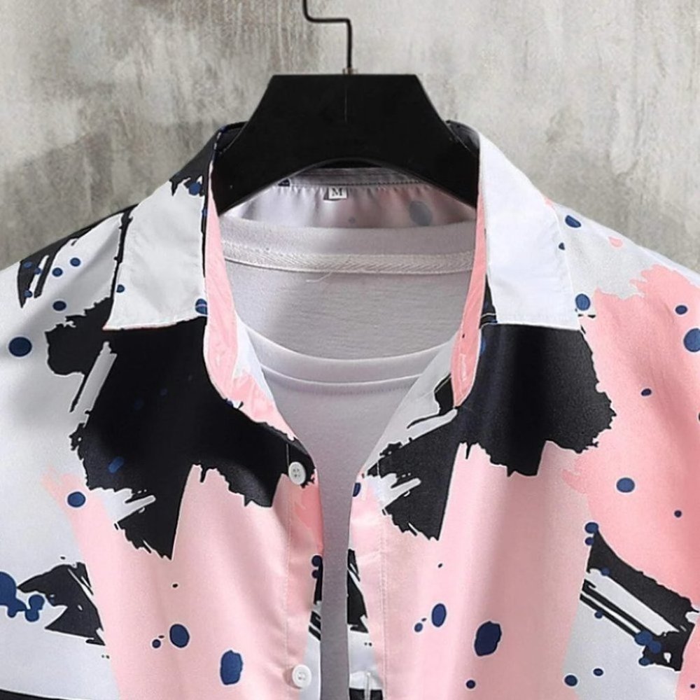 Pink Vacation Style Men's Splatter Print Shirt - Picture 3 of 6